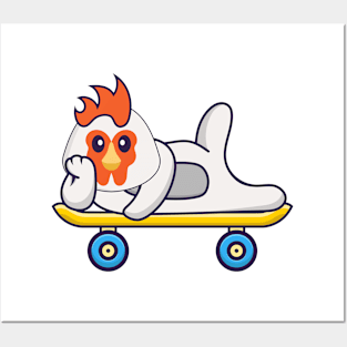 Cute chicken lying on a skateboard Posters and Art